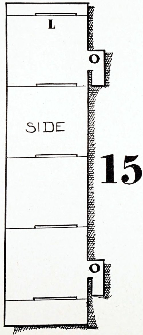 A mechanical craft template diagram for cutting out a toy furniture component. The flat pattern features a wide rectangle labeled 'SHELF' across the center. Small interlocking tabs labeled with the letter L project from the middle of the left and right side edges. A large, bold index number 14 is positioned in the lower-right section, and a cross-hatched drop shadow runs along the bottom and right borders of the shape.