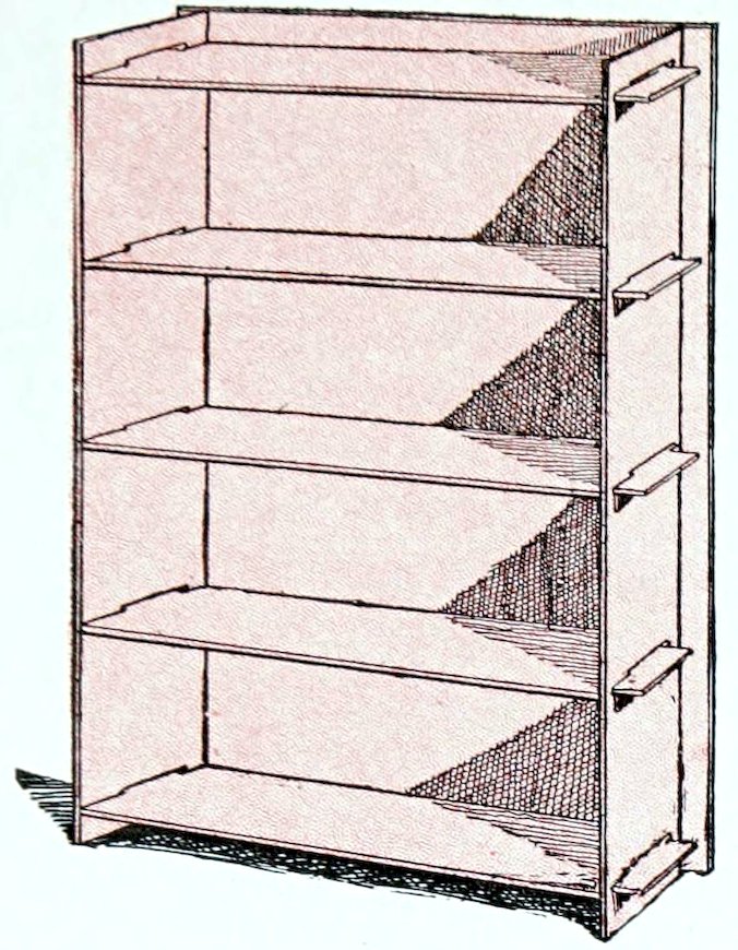 A vintage stylized line illustration of a completed toy bookcase or shelving unit built from flat craft components. The structure is rendered with a pale pink color block fill and features five horizontal shelves enclosed by a tall backing and two side panels. On the exterior of the right side panel, the rectangular interlocking tabs of the shelves are visible projecting through vertical slots. Fine cross-hatched lines create shading inside the right corners of each shelf and along the ground beneath the unit.