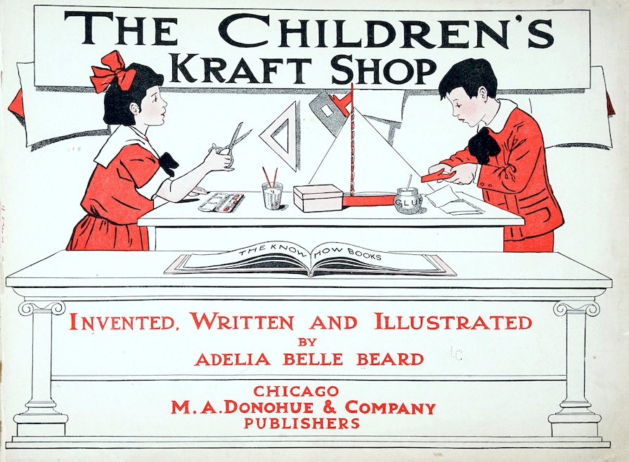 Book cover of 'The Children's Kraft Shop' by Adelia Belle Beard. The vintage illustration shows a young girl and boy in red outfits sitting at a table building a toy sailboat with scissors, glue, and paper. An open book titled 'The Know How Books' rests on a lower desk in the foreground.