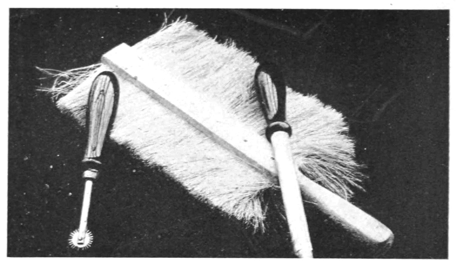 A brush with bristles on both top and bottom. To the left a small rod of metal with a handle on one end and a small wheel with long gear like teeth. On the right there is a tool that looks like a basting tube with a handle on one end.