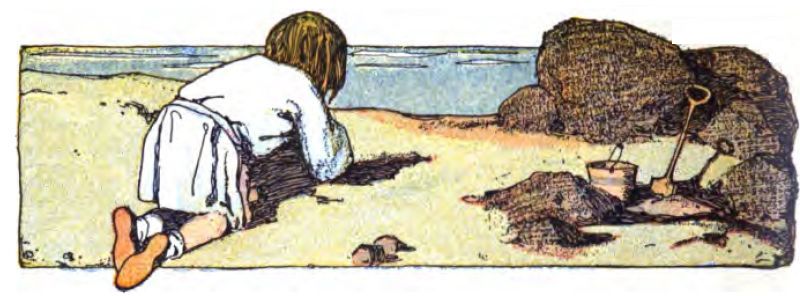 A brown-haired child
is kneeling and playing in the sand, facing away from the viewer. They
wear a light-colored long-sleeved shirt or tunic with a white skirt or
apron. The sea lies ahead of the child. Rocks are to the right with a small
pail and shovel in front of them.