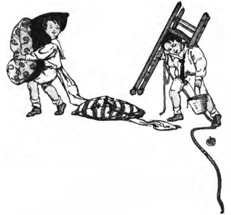 This black-and-white
photo shows two children walking while carrying household items. The child
on the left wears a light tunic or shirt with trousers and holds a large
patterned pillow. A long piece of fabric or ribbon trails behind it. It is
tied to another striped pillow on the floor. The other child carries a
heavy ladder over his shoulder. He wears a collared shirt, trousers, and
a dark necktie. He holds a bucket in his left hand. A long rope hangs
from the bucket. An apple sits on the floor next to the rope.