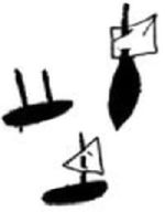 This black-and-white
drawing shows three toy boats. The bottom boat has a solid black
oval hull, one straight mast, and a small triangular white sail outlined
in black. The boat in the upper right is upright, with a pointed black
hull, a long mast, and a square or rectangular white sail. The left boat has a black horizontal oval hull and two thin vertical posts or masts but no sails.