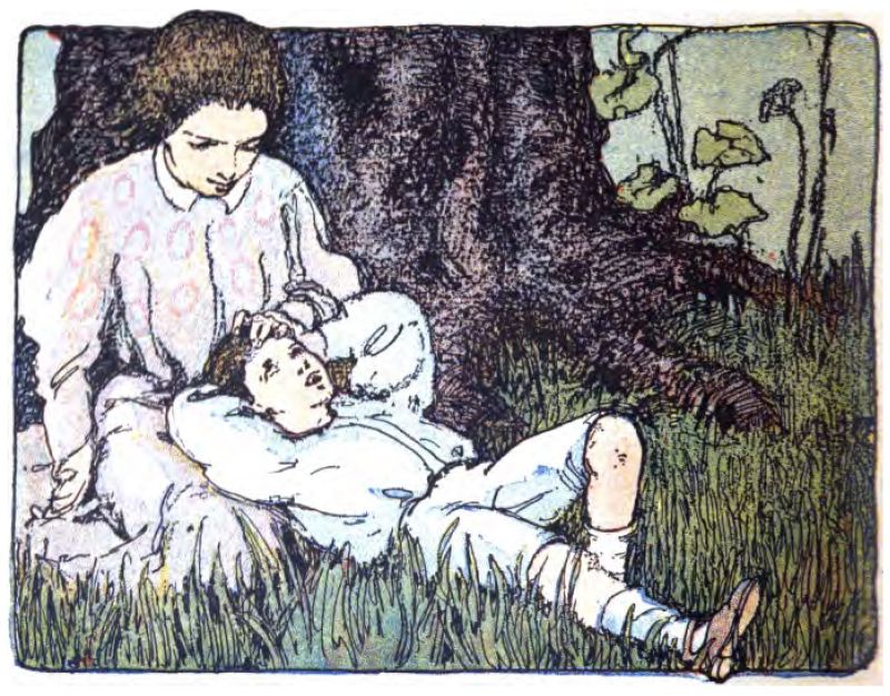 A woman and a young boy are
relaxing outside under a big tree. The woman sits on the grass to the left,
dressed in a light, long-sleeved dress with a subtle pattern. Her dark hair
is pulled back, and she looks down at the boy with a caring expression. The
boy lies on his back in the grass with his head resting in her lap.
His hands are behind his head as he looks up at her with an open expression. He wears
a light shirt, short pants, long socks, and shoes. The woman gently places
her hand on his forehead, showing comfort, affection, or reassurance.