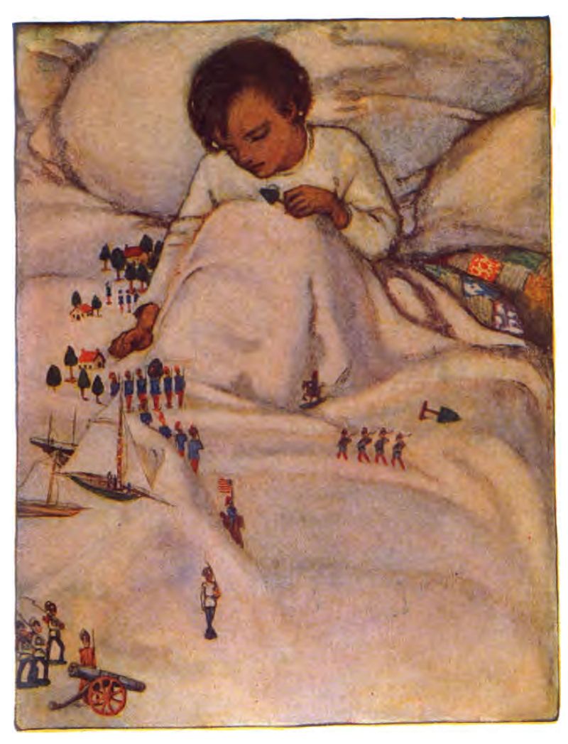 This color illustration
features a young child playing with toys while sitting up in bed, supported
against pillows. The child has short dark hair and wears a simple, light
long-sleeve shirt. They hold a toy in their left hand. The white blanket
forms small hills and valleys. It turns the bed into a landscape for toys
like blue and red toy soldiers, a small sailboat with white sails, toy
houses, green trees, and a toy cannon.