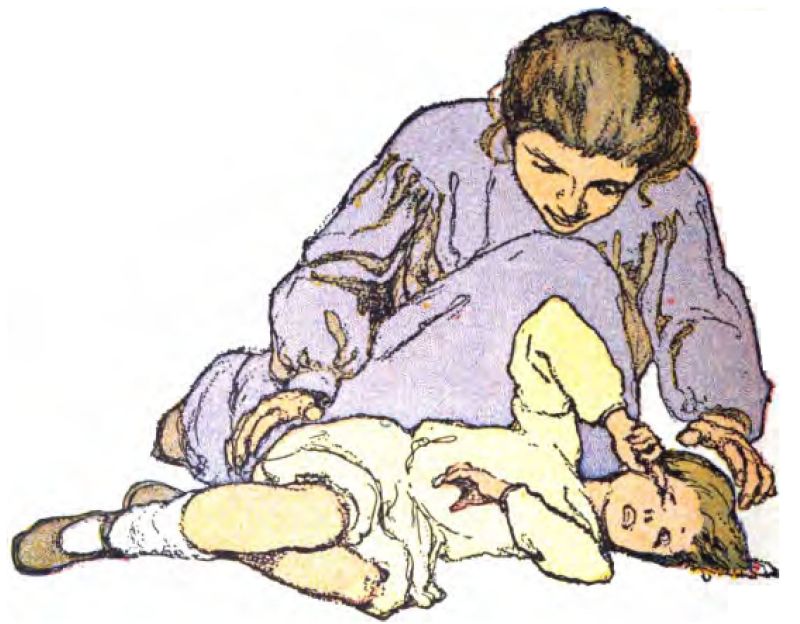 A woman kneels behind a
boy, dressed in a long-sleeved purple dress with gathered sleeves. She
gazes down at him with a gentle, concerned look and places her left hand
near his head. The boy, just waking from a dream, lies on his side on the
ground with his legs bent. He wears a light yellow tunic or nightshirt,
white socks and dark shoes and rubs his right eye with his right hand.