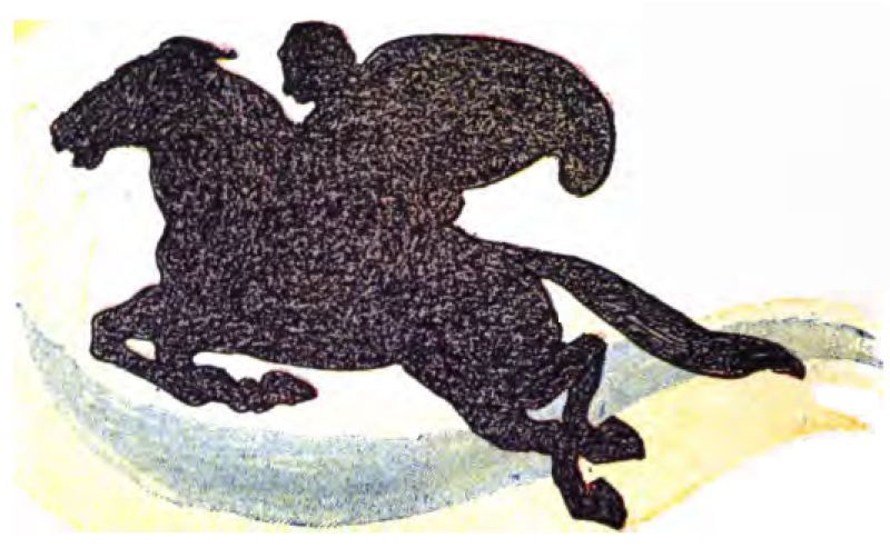 The image features a
silhouette of a rider on a winged horse, flying through the air against a
white background. The rider and horse form one solid dark shape. The
horse is in mid-jump, with front legs bent and back legs
stretched out. A large wing rises behind the rider. Swirls of light blue
and yellow appear below the horse.