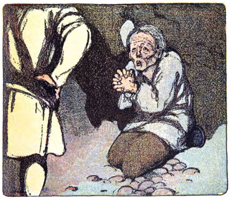 On the left side, an old
man kneels on the ground with his hands clasped, as if pleading with
another man who faces away from us. The man on the right has gray hair and
wrinkles, and he wears a light tunic with dark trousers. In the foreground,
we see only the lower half and back of another standing figure. This person wears a light tunic with a dark belt or sash and stands over the kneeling man, creating a sense of authority or confrontation.
The rough-textured walls around them make it look like they are inside a cave.