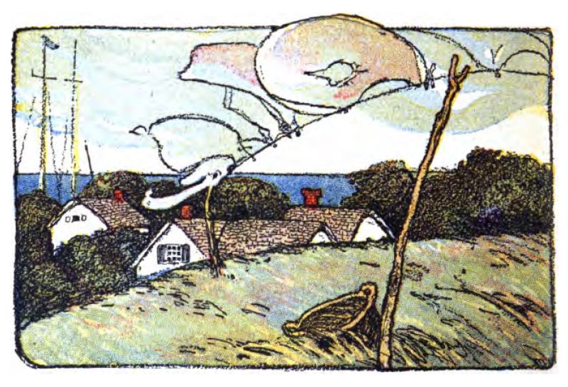 The image shows a windy coastal scene.
coastal scene. In front, a grassy hill slopes down. On the right, a wooden stick supports a clothesline, and a small wicker basket sits in the grass nearby. In the middle, the clothesline
stretches across, holding white sheets that flap in the wind. Below the hill, white houses with dark roofs and red brick chimneys are surrounded by green bushes and trees. In the distance, the sea extends to the horizon under a pale sky. On the far left, you can see the masts of
ships or boats near the shore.