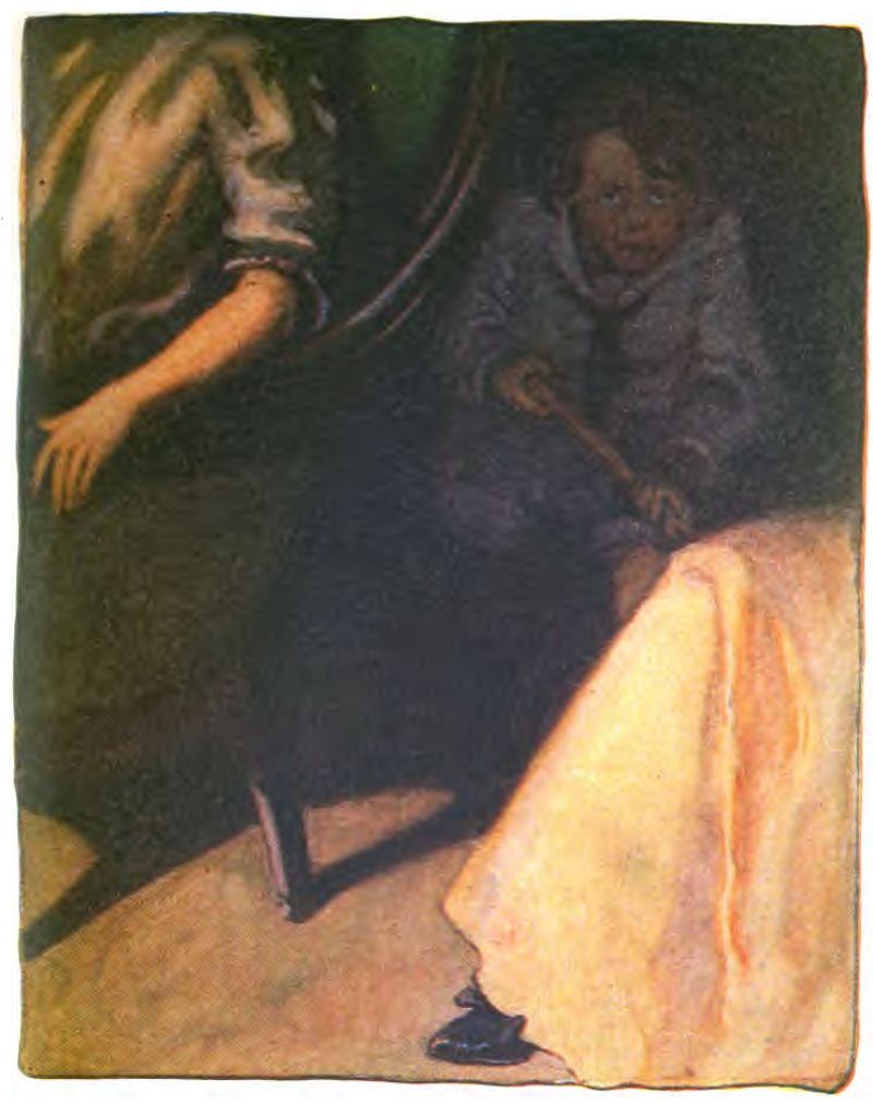 A young boy wearing a
light sailor-style suit with a dark necktie sits on the darker right side
of the frame. His eyes are wide and intense. He holds a small stick or rod with both hands. To his left, part of an adult’s upper body and arm is
visible. The adult wears a light shirt or blouse.