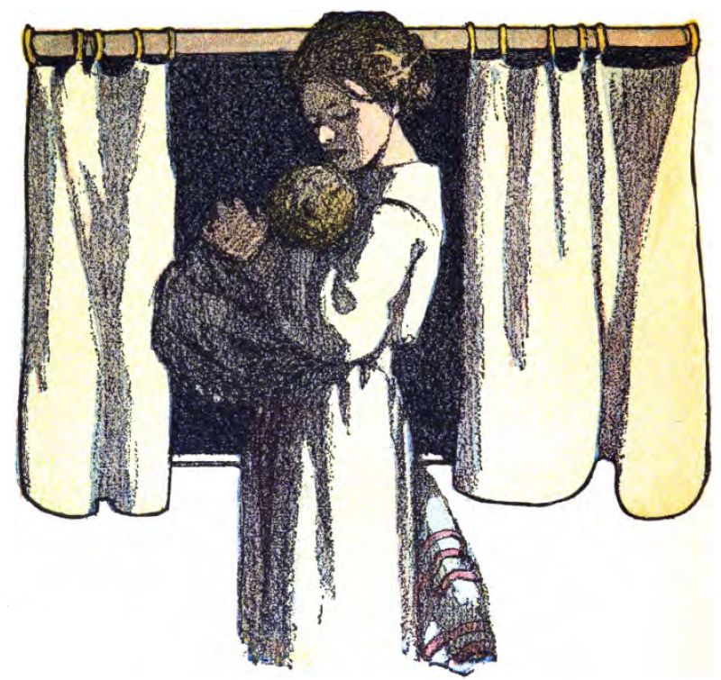 A woman stands with a
child in her arms in front of a window at night. Her hair is pulled back in
a bun. She faces left, dressed in a long, plain white gown with red and
black trim near the bottom. She gazes down gently at the child, who is
wrapped in a dark blue blanket that reveals only the back of a brown head. Above them, a wooden curtain rod with brass rings holds two
cream-colored curtains, which are pulled open to each side of the window.