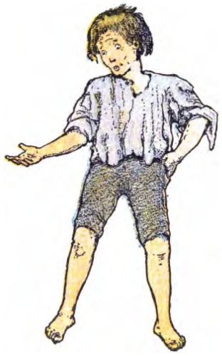 The picture shows a
young boy standing and looking down at his open right hand with a surprised
look on his face. He has messy brown hair and wears a loose, tattered light-blue shirt with ragged edges. He also wears dark grey pants that almost reach his knees. He is barefoot, and his left hand rests on his hip.