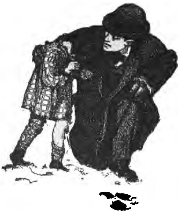 This black-and-white
illustration shows a man, identified as Robert Louis Stevenson, crouching
beside a small girl in the snow. He looks at her. He wears a thick dark winter coat and a hat. The girl wears a plaid or checkered coat,
thick patterned leggings, and a hood. She stands close to him and buries her face in his arm. Snow covers the ground around them.