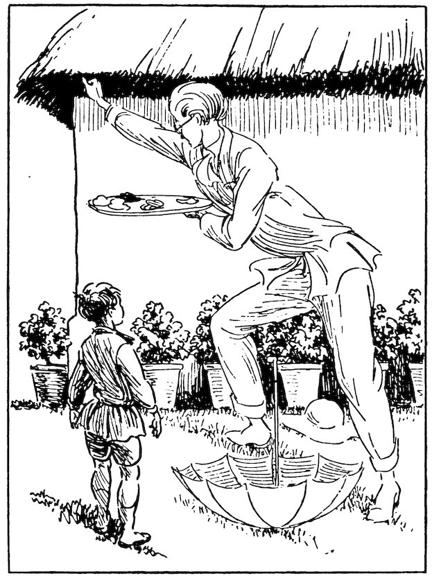 Black and white illustration of a man standing with one foot on an open, upturned umbrella on the grass, holding a tray with food while reaching up toward a thatched roof, as a small boy looks on.