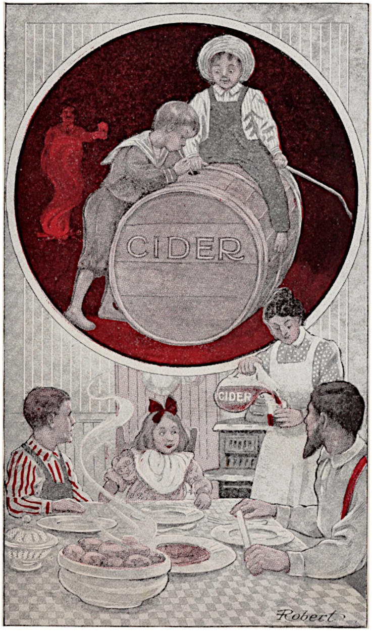 Boys drinking cider from a cask; mother pouring cider from a pitcher for the family sitting at the table