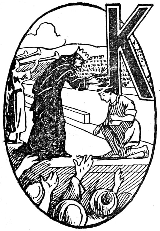 Capital K; kneeling man receiving chaplet from king