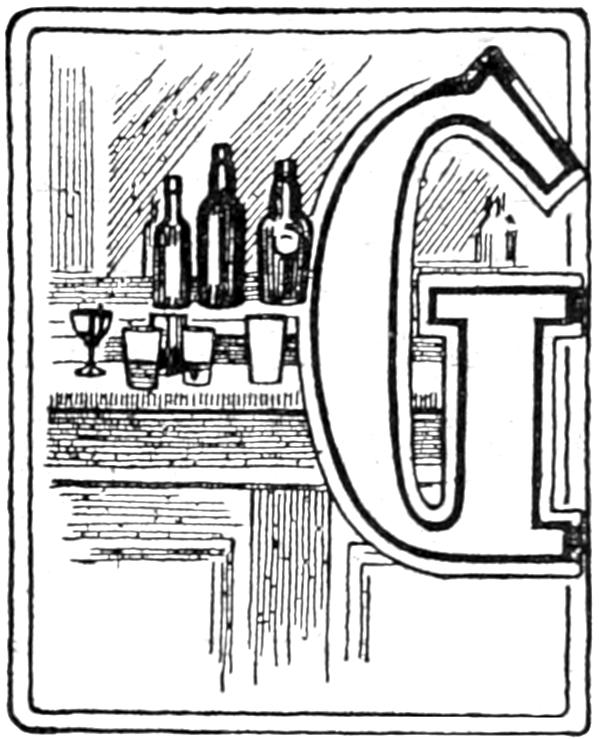 Capital G; bottles and glasses