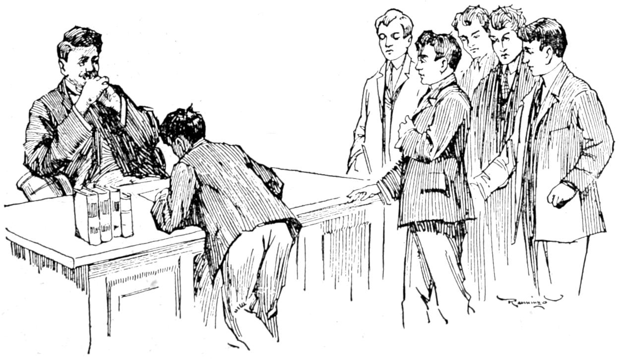 Six boys signing the pledge on the head master's desk