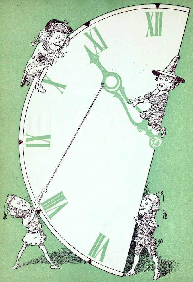 A large clock face on a green background with Roman numerals, featuring characters interacting with the hands and rim.