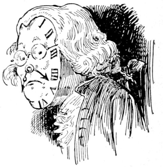 A person with a clock face for a head, wearing glasses and period clothing.