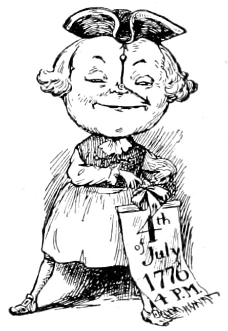 A smiling toy figure wearing a tricorn hat, with clock hands across its face, holding a banner that reads "4th of July 1776 4 P.M."