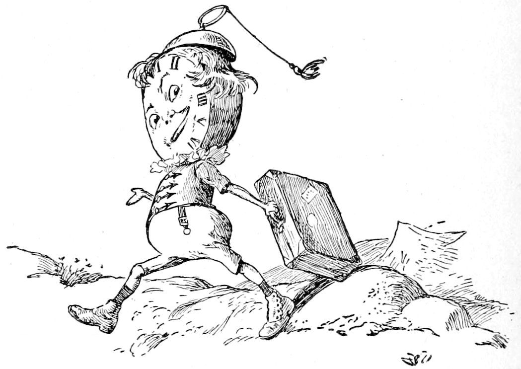 A clock-headed figure wearing a watch-like top hat with a winding key, carrying a suitcase while walking across uneven ground.