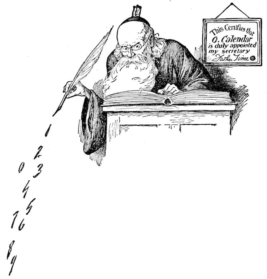 An elderly, bearded man writing with a large feather pen that trails numbers, with a certificate on the wall that reads "This Certifies that O. Calendar is duly appointed my secretary Father Time."