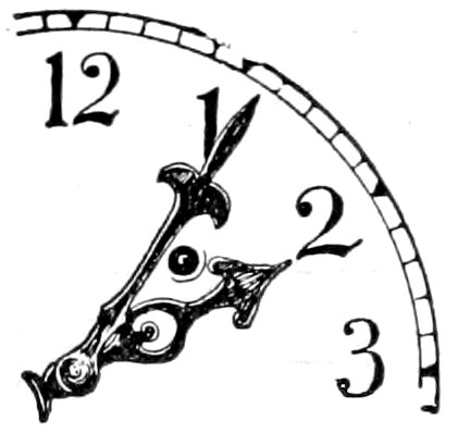 A partial clock face showing the numbers 12, 1, 2, and 3, with ornate hands pointing 2:06 o’clock.