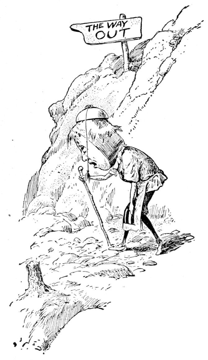 A clock-headed figure using a walking stick and leaning forward while walking along a path beneath a sign that reads "THE WAY OUT".
