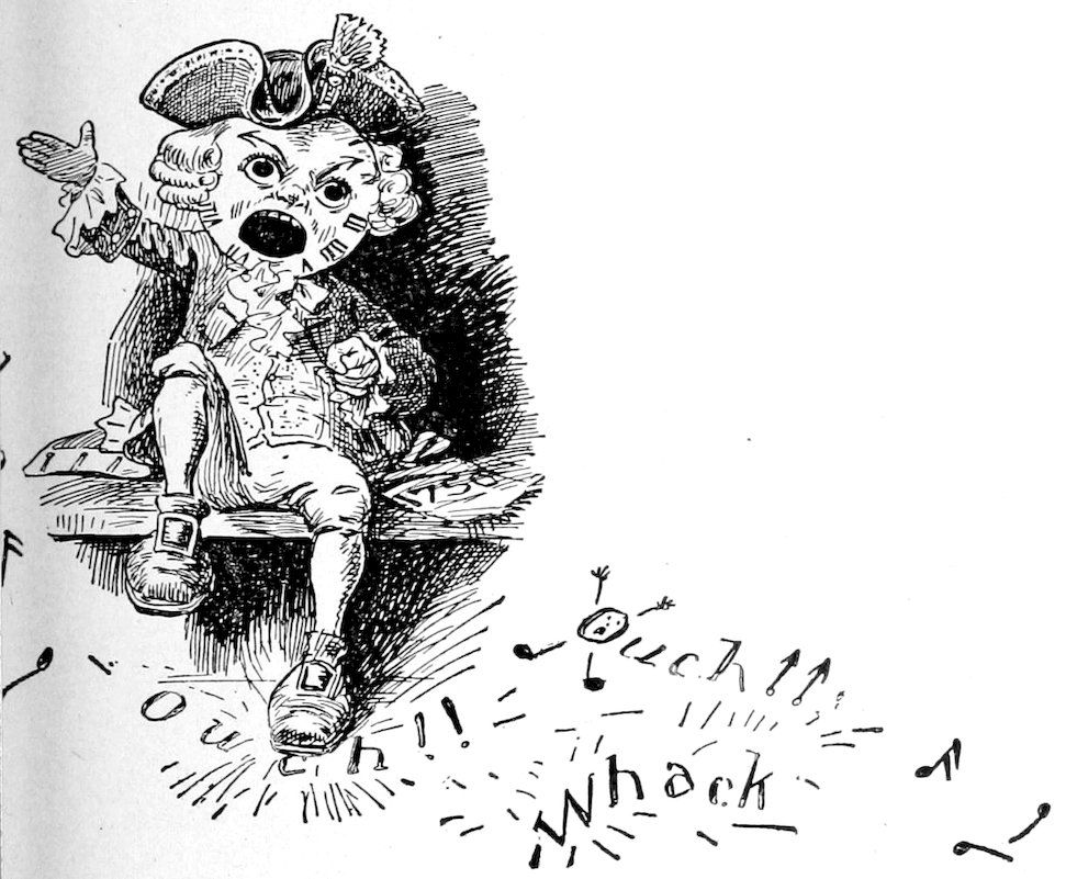 A clock-faced figure wearing a tricorn hat and buckled shoes sits on a ledge or bench, shouting or reacting in pain while surrounded by musical notes and text that reads "Ouch!!" and "Whack".