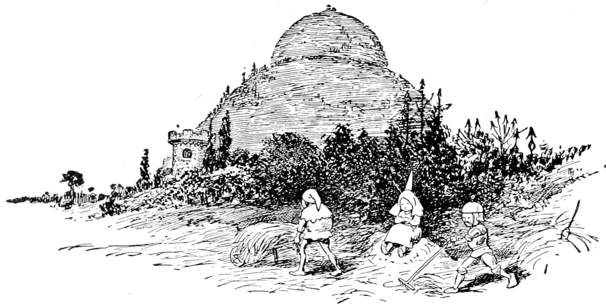 A large domed building or hill with a small castle turret near the base, with three figures working or sitting in the foreground.
