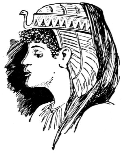 A profile illustration of a person with curly hair wearing an elaborate Egyptian-style headdress adorned with a small bird figure on the front band and long draped hair or cloth.