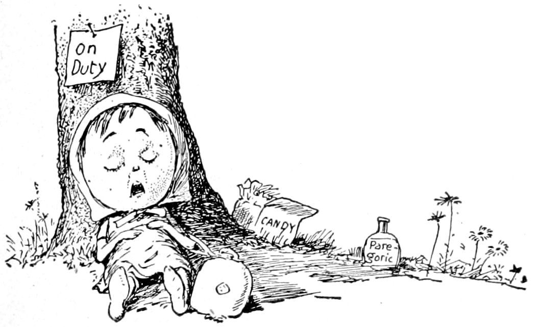 A child sleeping peacefully beneath a tree next to a sign that reads "On Duty," with an open box labeled "CANDY" and a bottle labeled "Pare-goric" nearby.