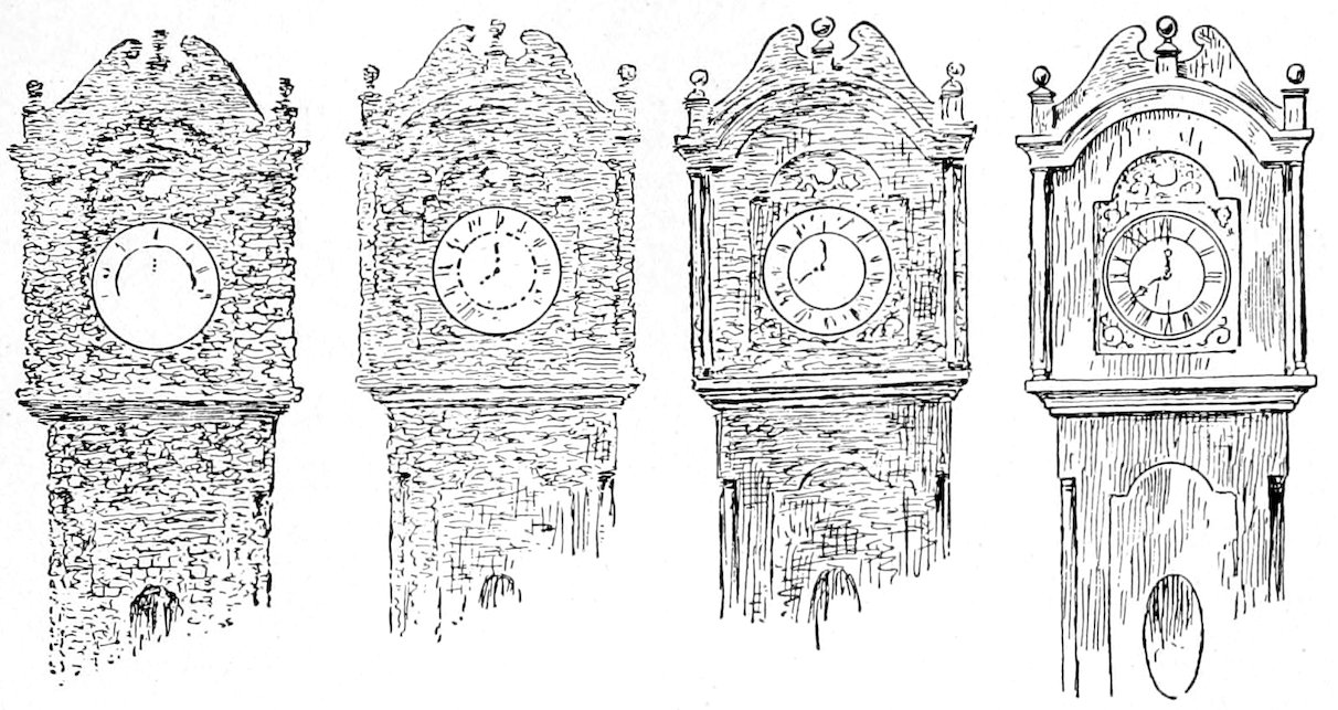A four-stage illustration showing the progressive transformation of a stone tower into a grandfather clock.